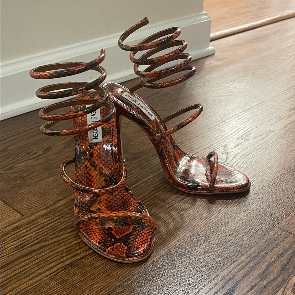 Steve Madden Orange Snakeskin Spiral Strap Stiletto Heels
